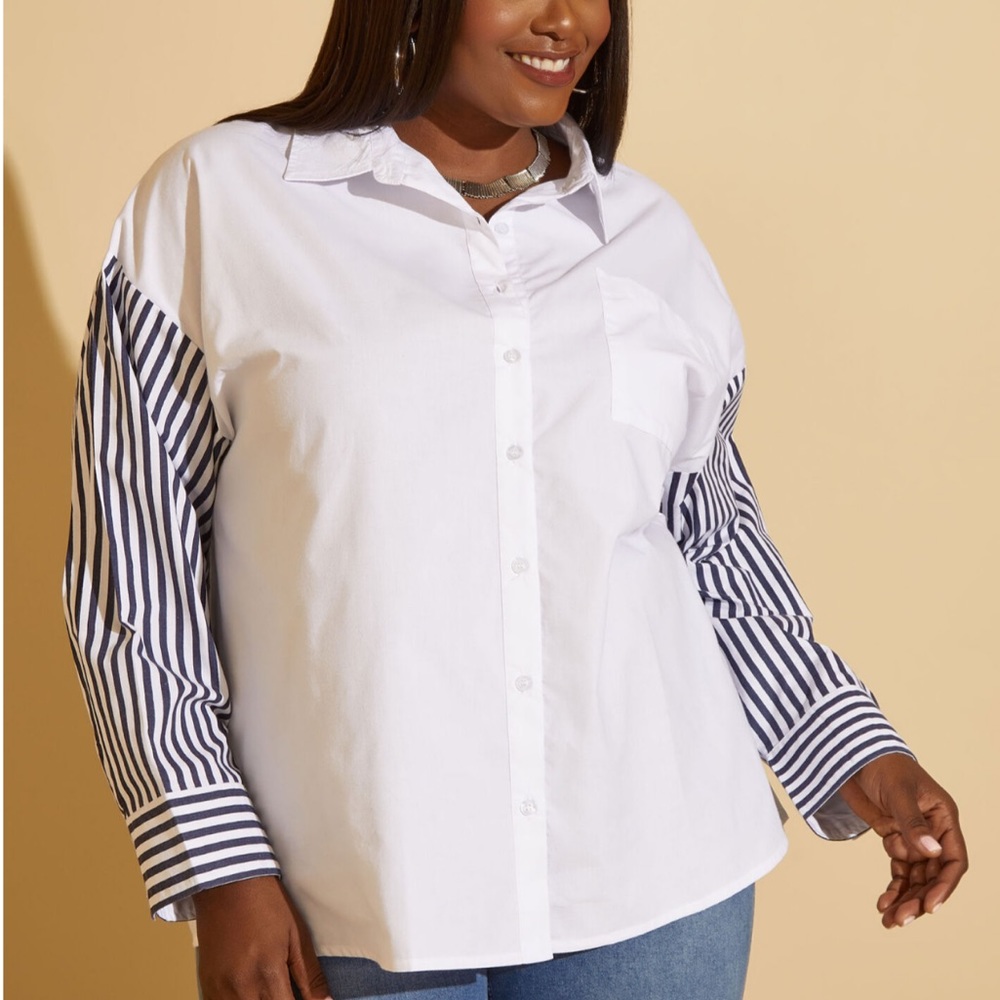 Plus ASHLEY STEWART Blue Striped Sleeved White Cotton Blend Shirt 20